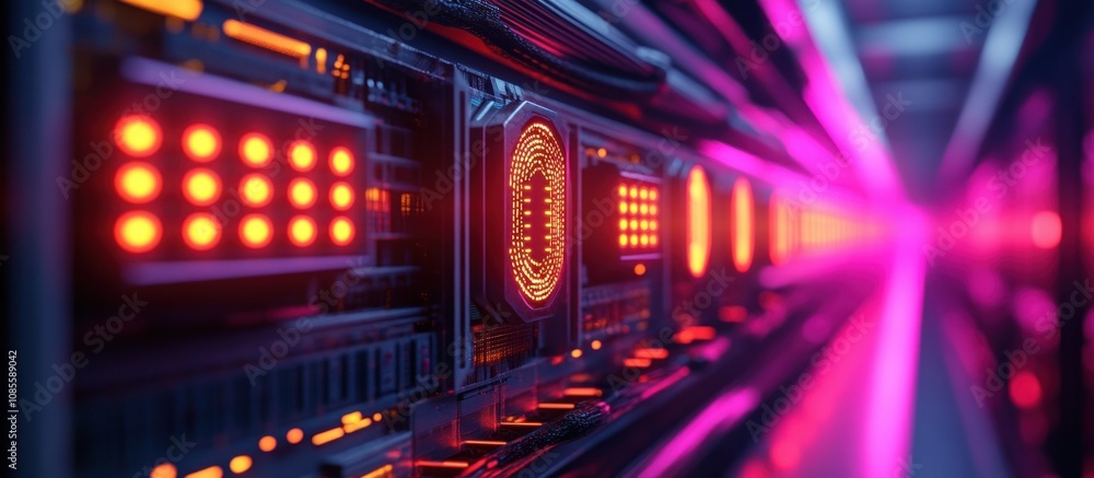 Obraz premium Futuristic server room with glowing components.