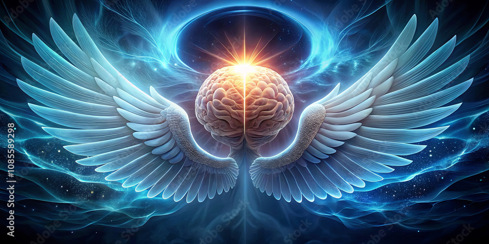 A glowing human brain with celestial wings, surrounded by swirling, luminous energy, symbolizing the boundless potential of the mind. A glowing human brain with celestial wings, surrounded by swirling, luminous energy, symbolizing the boundless potential of the mind.