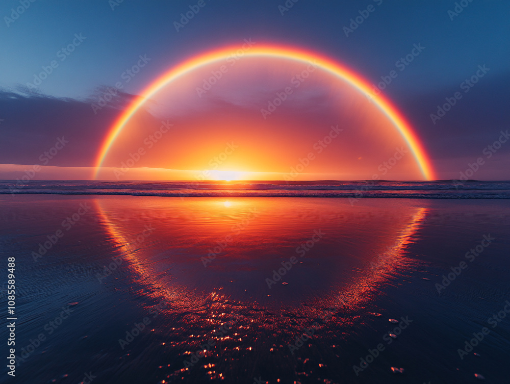 a stunning view of a rainbow arching across a coastline, with a cliff in the background and a lush green hill.