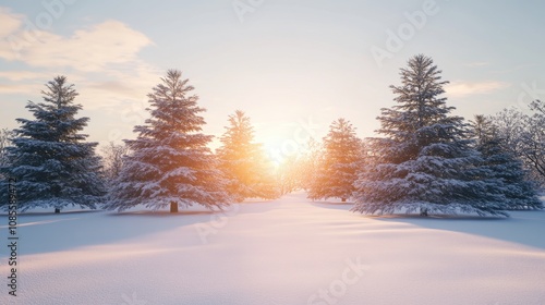 Beautiful Winter Landscape at Sunset with Snow-Covered Evergreen Trees and Soft Light Glowing Through the Frosty Branches in a Serene Setting