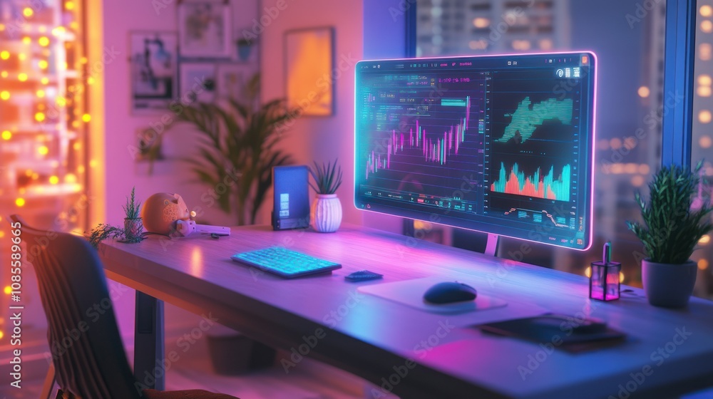 Modern workspace with a computer and plants. Modern workspace with a computer and plants.