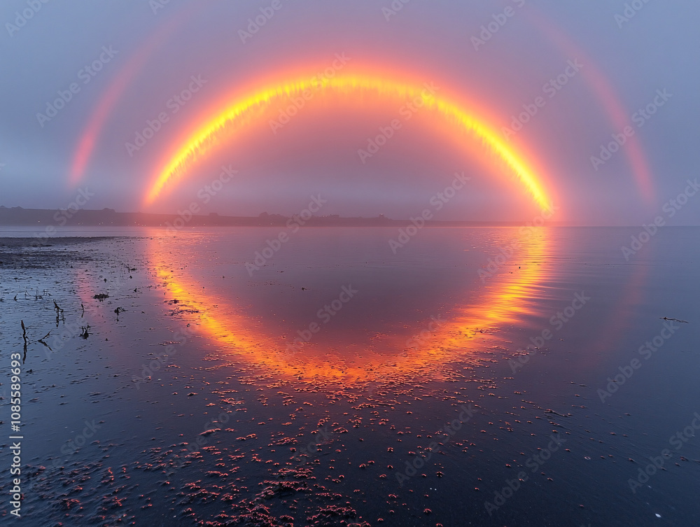 a stunning view of a rainbow arching across a coastline, with a cliff in the background and a lush green hill. a stunning view of a rainbow arching across a coastline, with a cliff in the background and a lush green hill.