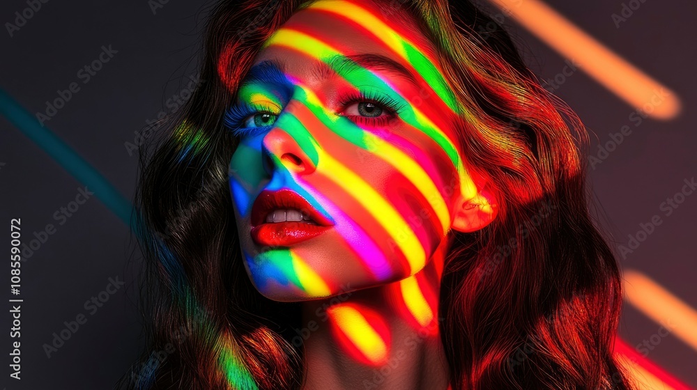 Naklejka premium Radiant Woman with Rainbow Light Projection on Face