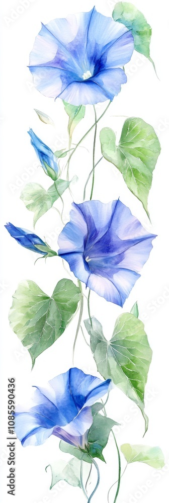 Fototapeta premium Watercolor Morning Glories on White Background Minimalist Floral Art