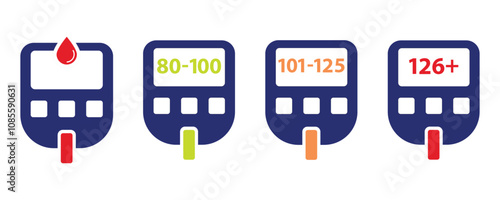 Glucometer icon vector, blood glucose meter device for diabetes testing icon vector set isolated on white background.