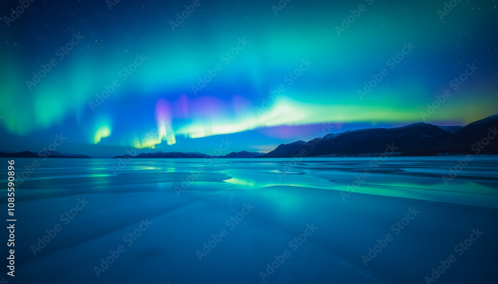 Stunning winter landscape: the night sky with the northern lights reflected in the water of a mountain lake. Night winter landscape with aurora. Borealis. Stunning winter landscape: the night sky with the northern lights reflected in the water of a mountain lake. Night winter landscape with aurora. Borealis.