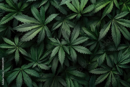 Top view of lush cannabis leaves on a dark background.