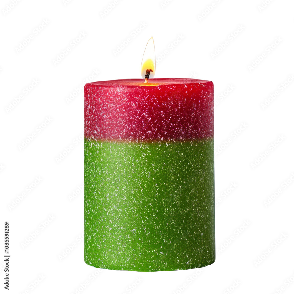 Colorful Christmas Candle with Red and Green Wax, Burning Flame, Festive Decoration for Holiday Celebrations and Cozy Winter Atmosphere Colorful Christmas Candle with Red and Green Wax, Burning Flame, Festive Decoration for Holiday Celebrations and Cozy Winter Atmosphere