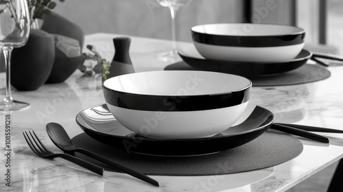 Elegant Minimalist Dining Setup with Black and White Bowls on a Marble Table, Featuring Stylish Tableware and Modern Decor Elements for Contemporary Interiors