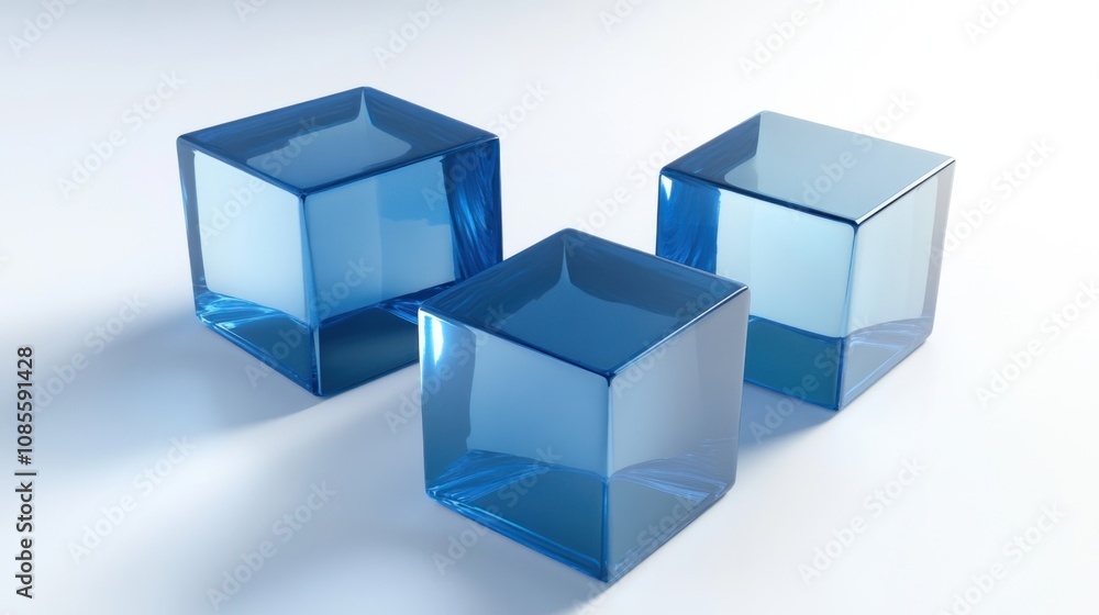Three Blue Glass Cubes on White Background: Abstract 3D Render Three Blue Glass Cubes on White Background: Abstract 3D Render
