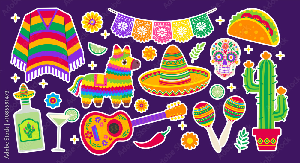 A collection of Mexican themed stickers including a sombrero, a guitar, a cactus, and a margarita glass A collection of Mexican themed stickers including a sombrero, a guitar, a cactus, and a margarita glass