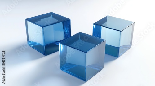 Three Blue Glass Cubes on White Background: Abstract 3D Render