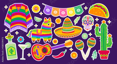 A collection of Mexican themed stickers including a sombrero, a guitar, a cactus, and a margarita glass