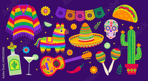 A colorful collection of Mexican items including a sombrero, a cactus, a guitar, and a margarita glass
