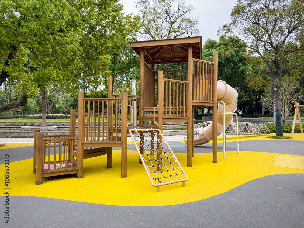 Modern Wooden Playground Structure with Slide and Climbing Features Modern Wooden Playground Structure with Slide and Climbing Features