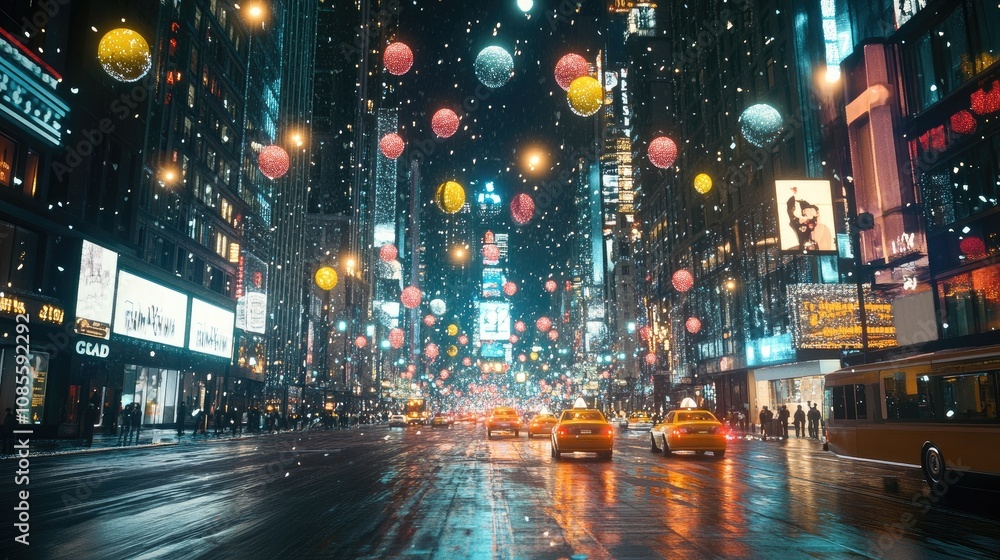 Vibrant Night Cityscape with Colorful Lanterns and Snowfall, Showcasing Busy Urban Street, Bright Lights, and Iconic Yellow Taxis in a Festive Atmosphere Vibrant Night Cityscape with Colorful Lanterns and Snowfall, Showcasing Busy Urban Street, Bright Lights, and Iconic Yellow Taxis in a Festive Atmosphere