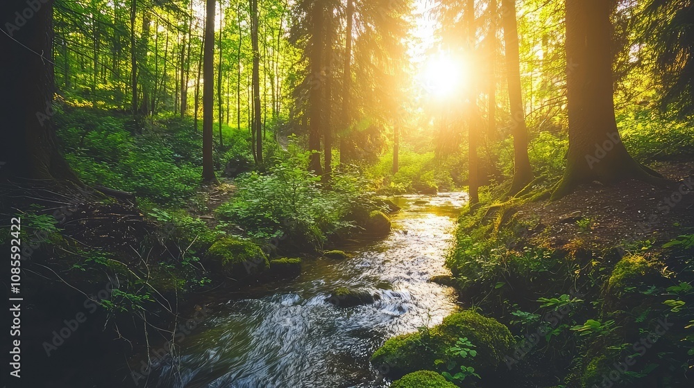 Fototapeta premium Gentle Stream Winding Through a Dense Forest at Sunrise