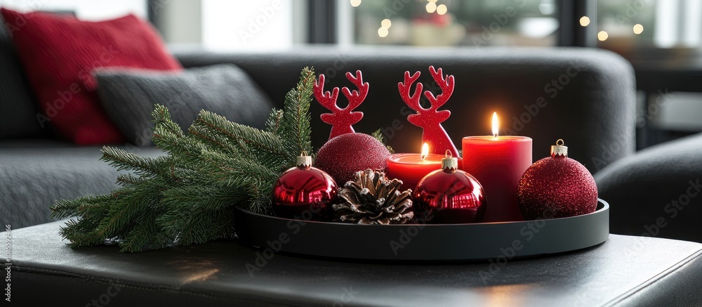 Cozy Christmas decor featuring red deer shaped candles fresh pine branches and festive ornaments arranged on a tray in a stylish living room setting Cozy Christmas decor featuring red deer shaped candles fresh pine branches and festive ornaments arranged on a tray in a stylish living room setting