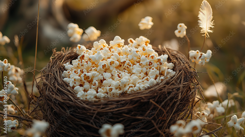 Popcorn in a bird’s nest, styled with twigs and feathers, whimsical nature theme, soft outdoor lighting Popcorn in a bird’s nest, styled with twigs and feathers, whimsical nature theme, soft outdoor lighting