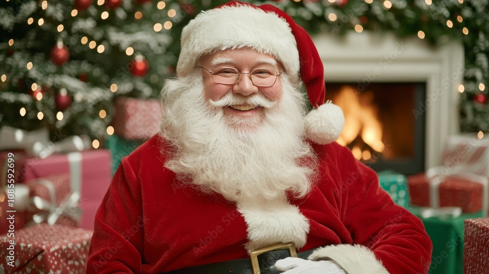 Cheerful Santa Claus Portrait in a Festive Living Room Surrounded by Christmas Gifts and Holiday Decor Cheerful Santa Claus Portrait in a Festive Living Room Surrounded by Christmas Gifts and Holiday Decor