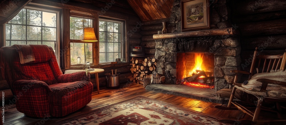 Cozy log fire crackling in a rustic fireplace creating a warm and inviting atmosphere Cozy log fire crackling in a rustic fireplace creating a warm and inviting atmosphere