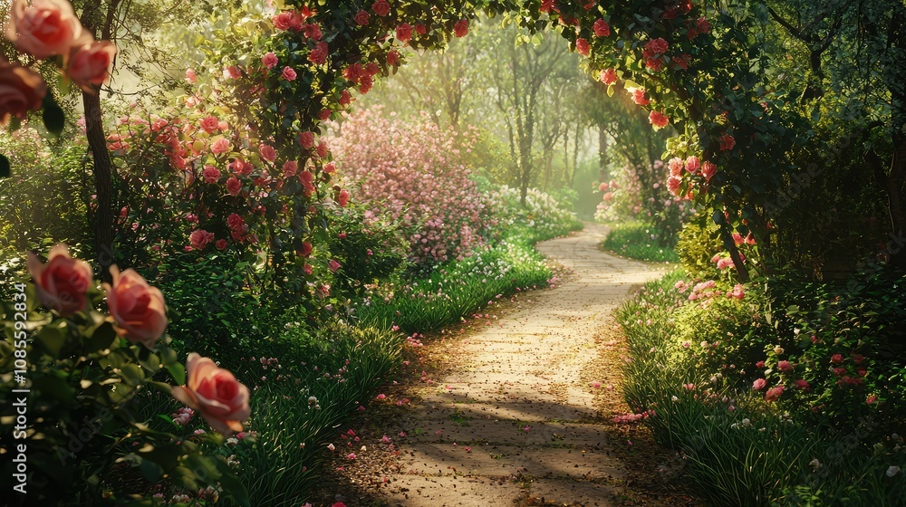 Serene Pathway Through Blooming Garden in Spring Serene Pathway Through Blooming Garden in Spring