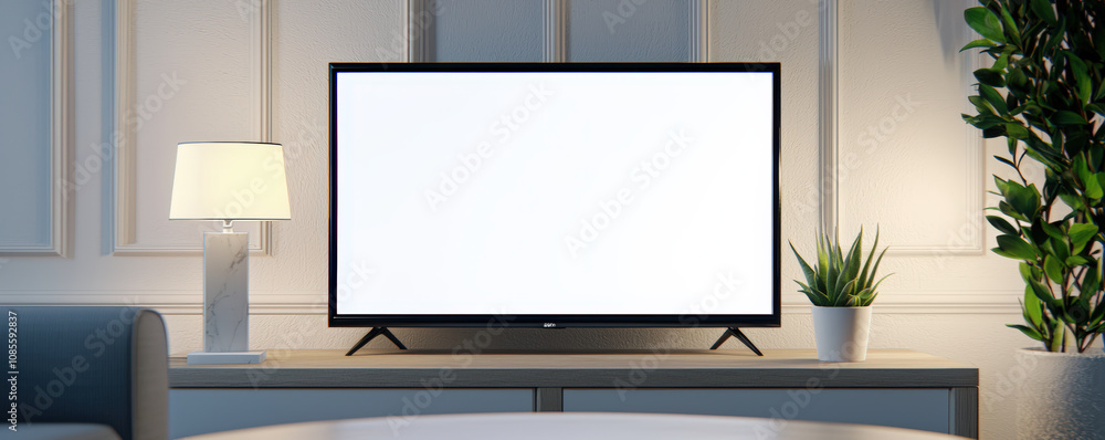 A modern living room scene featuring a blank TV screen, a stylish lamp, and a potted plant, creating a minimalist and contemporary atmosphere. A modern living room scene featuring a blank TV screen, a stylish lamp, and a potted plant, creating a minimalist and contemporary atmosphere.