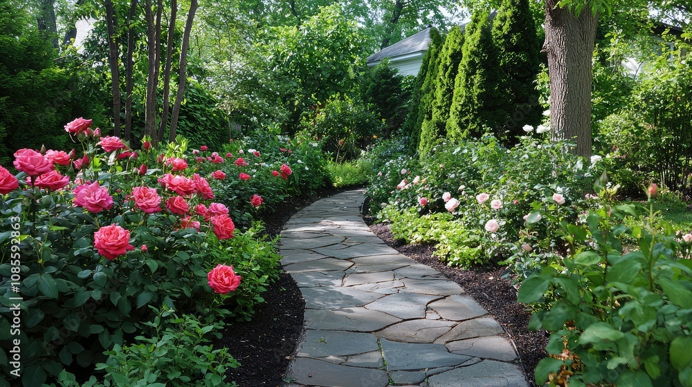 Serene Garden Pathway Adorned with Blooming Roses Serene Garden Pathway Adorned with Blooming Roses