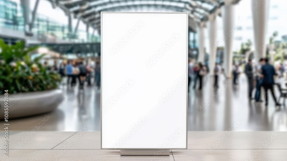 A blank digital signage display in a modern indoor space, surrounded by people and greenery.