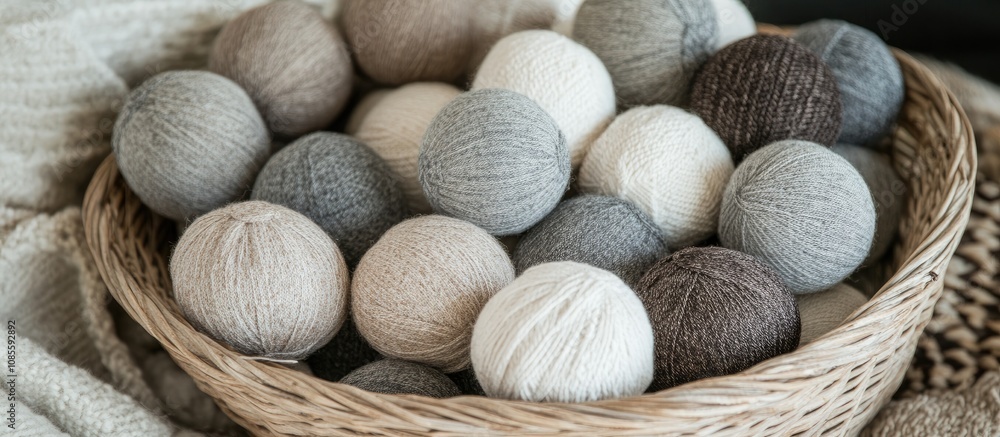Cotton light balls in beige grey and brown hues arranged in a basket ideal for decorative purposes in home interiors Cotton light balls in beige grey and brown hues arranged in a basket ideal for decorative purposes in home interiors