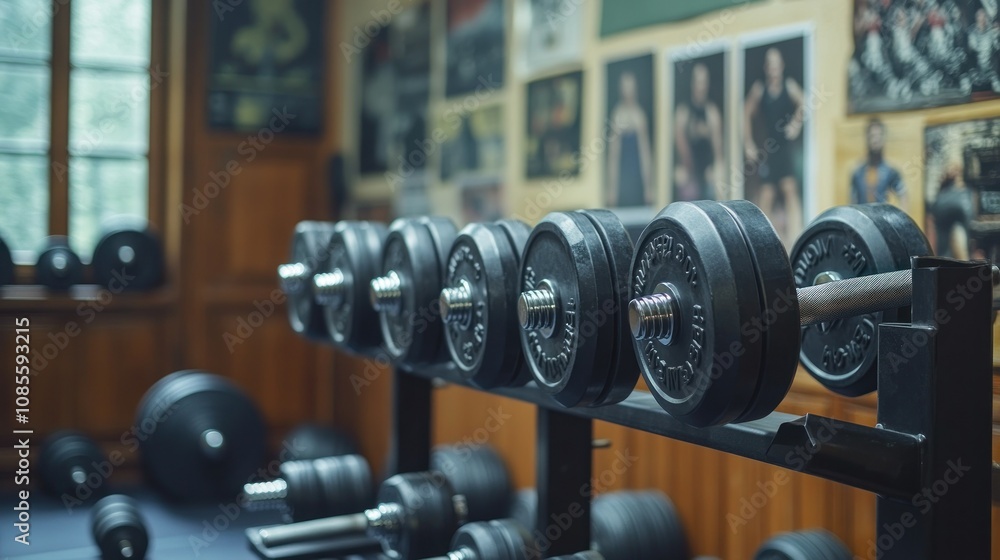 Weightlifting equipment in a gym setting. Weightlifting equipment in a gym setting.