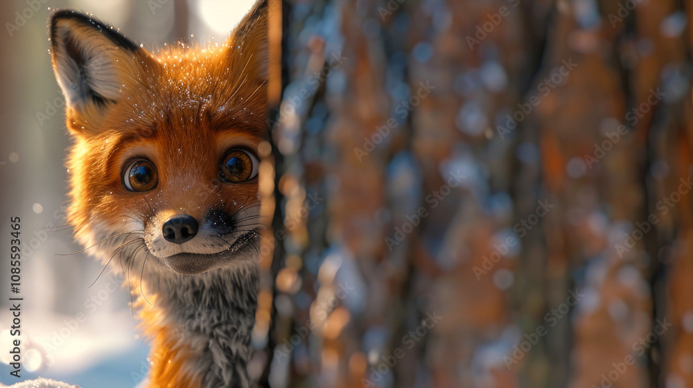 Little red fox cub peeks out from behind tree with eyes wide. Curiosity animal on blurred winter forest background. Little red fox cub peeks out from behind tree with eyes wide. Curiosity animal on blurred winter forest background.