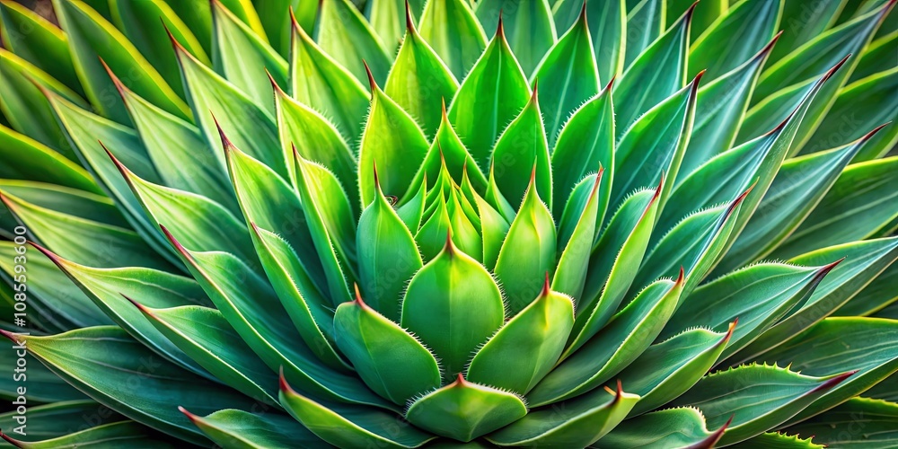 Fototapeta premium Close-up of a vibrant green succulent with sharply pointed leaves, showcasing the intricate detail of its textured surface and delicate red edges.