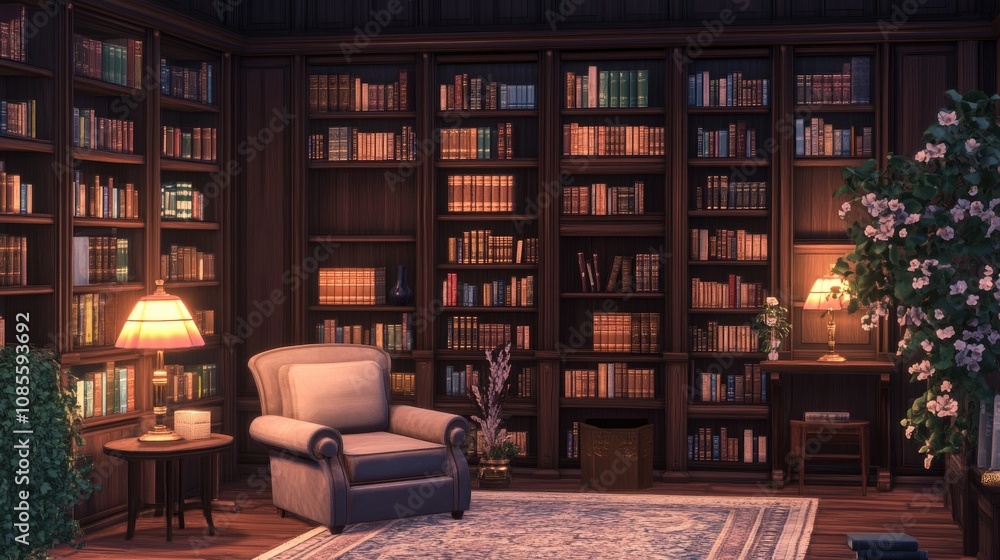 Study space with cozy library vibes, packed bookshelves, cozy armchair, vintage reading lamps, and dimmed lighting for a warm atmosphere Study space with cozy library vibes, packed bookshelves, cozy armchair, vintage reading lamps, and dimmed lighting for a warm atmosphere