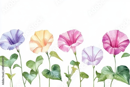 Watercolor Morning Glories on White Background Minimalist Floral Art