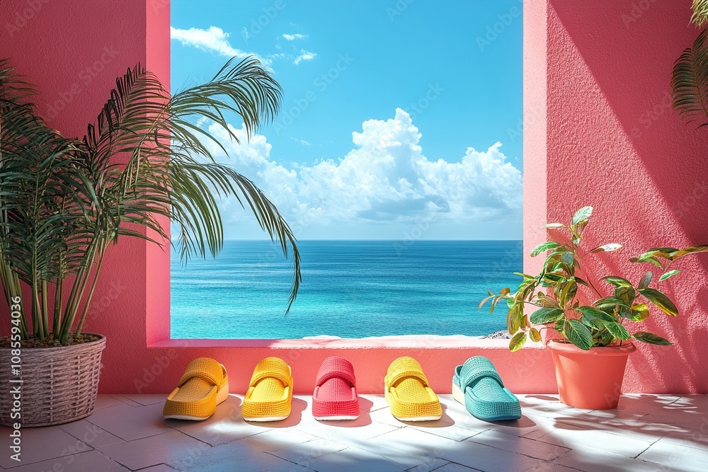 Obraz premium Colorful sandals by a seaside window.