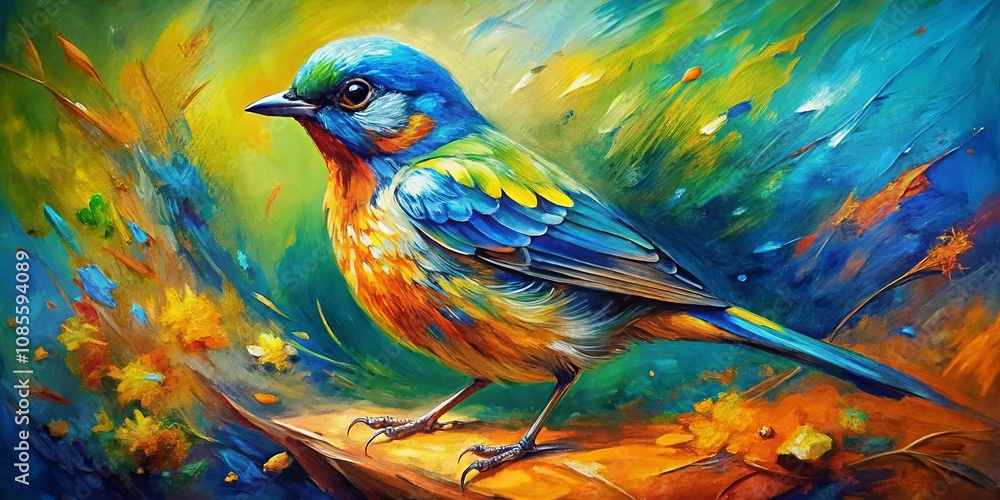 A vibrant blue bird perched on a branch, its plumage painted with hues of yellow, orange, and green, amidst a backdrop of swirling brushstrokes in shades of blue and green. A vibrant blue bird perched on a branch, its plumage painted with hues of yellow, orange, and green, amidst a backdrop of swirling brushstrokes in shades of blue and green.