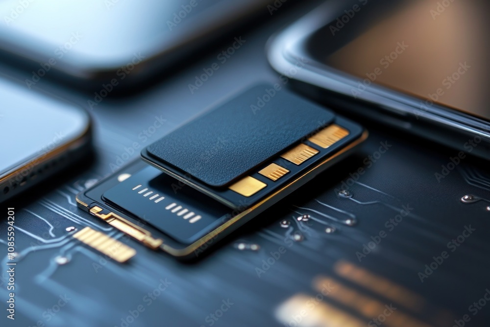 Close-up of a SIM card on a circuit board. Close-up of a SIM card on a circuit board.