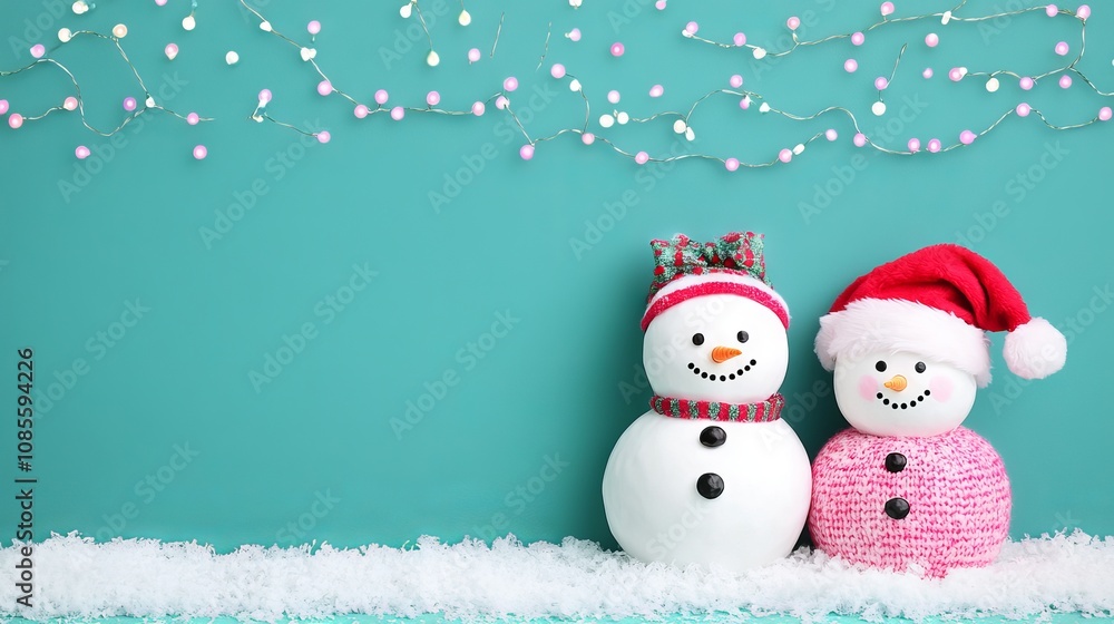 Fototapeta premium Christmas Snowmen Decorated with Teal Background Home Interior Festive Display Cozy Environment Cheerful Viewpoint Holiday Spirit