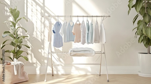 Bright and Airy Laundry Room with Freshly Washed Clothes Hanging on Rack Next to Lush Indoor Plant and Natural Light Streaming Through the Windows