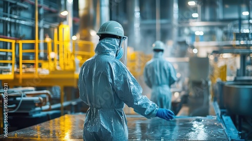 Workers in Protective Gear at Processing Plant