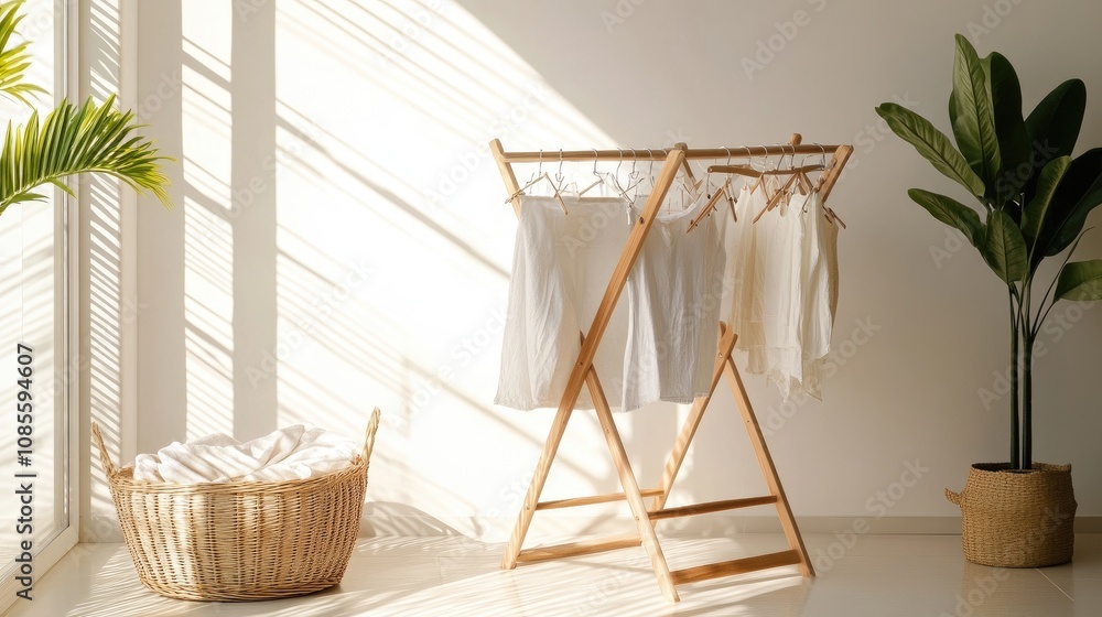 Bright and Airy Laundry Room with Wooden Drying Rack, Fresh White Clothes Hanging and Natural Light Casting Beautiful Shadows on Minimalist Interior Bright and Airy Laundry Room with Wooden Drying Rack, Fresh White Clothes Hanging and Natural Light Casting Beautiful Shadows on Minimalist Interior