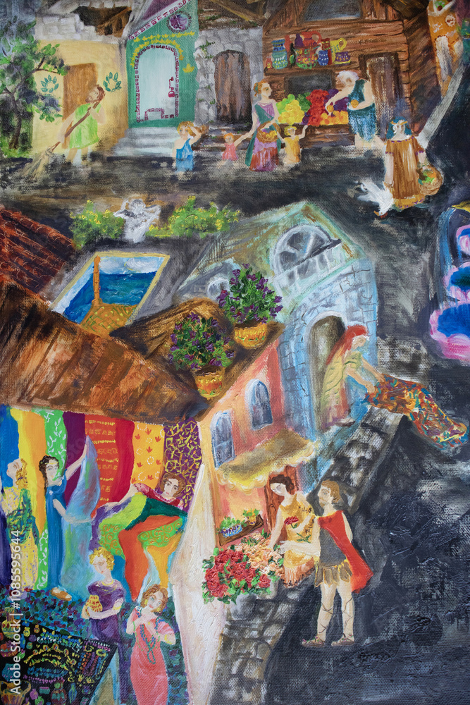 Fototapeta premium Pompeii streets with ash and pumice stone outside. People in fabric store, flower seller with Roman soldier, homemakers, shoppers at market. Before volcano eruption historical urban landscape.