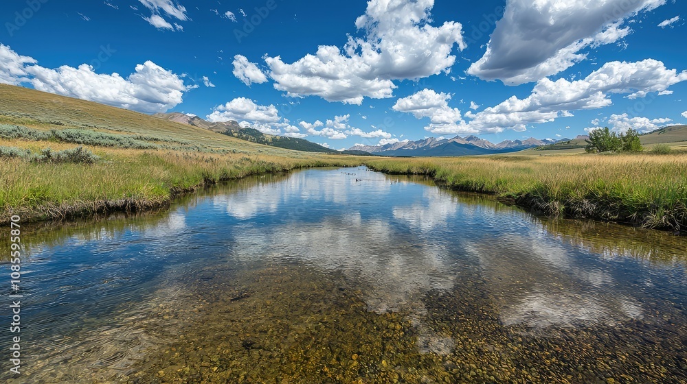 Serene Stream Reflecting Clear Blue Skies Serene Stream Reflecting Clear Blue Skies
