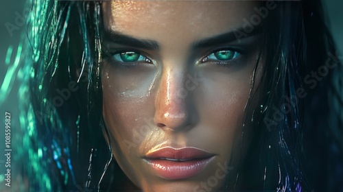 Enigmatic Woman with Emerald Eyes A Digital Painting of Female Beauty and Mystery