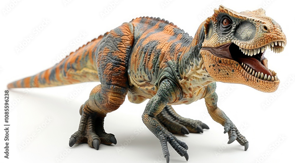 Obraz premium Detailed close-up of a realistic dinosaur toy model on white background.