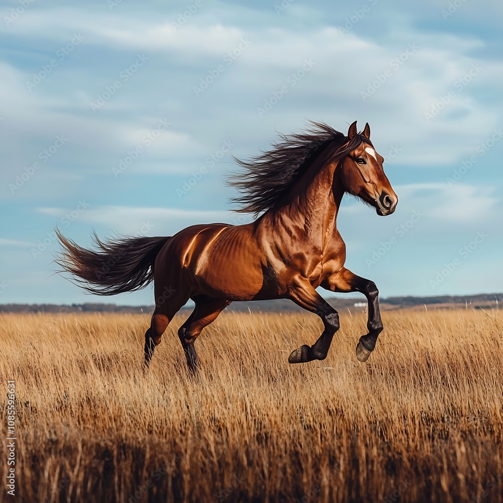 Majestic Stallion Galloping Through Windswept Open Field Under Vast Blue Sky Majestic Stallion Galloping Through Windswept Open Field Under Vast Blue Sky
