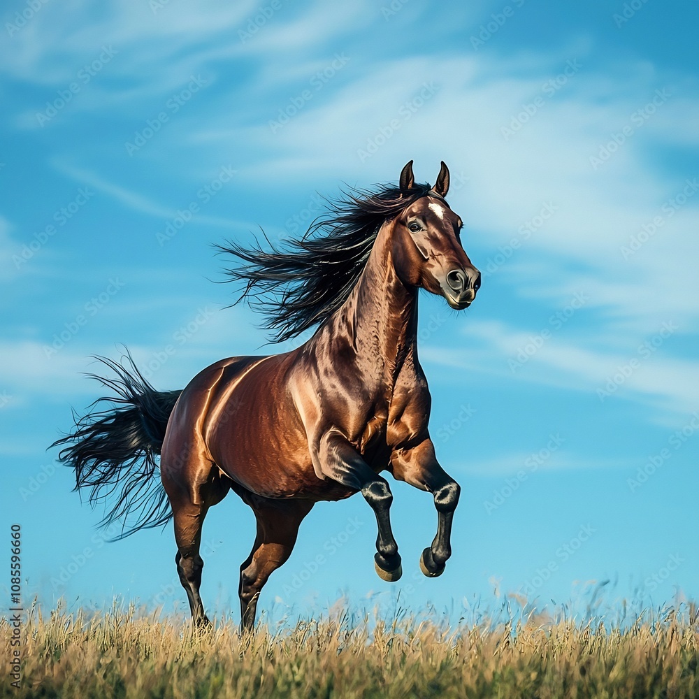 Magnificent Stallion Galloping Through Open Field with Flowing Mane and Tail Magnificent Stallion Galloping Through Open Field with Flowing Mane and Tail