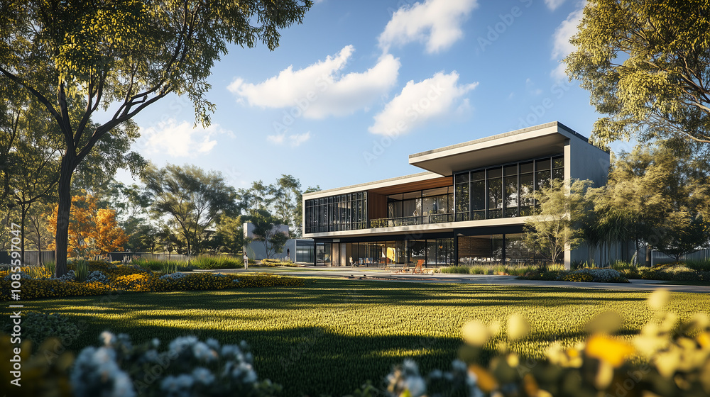Obraz premium Australian Style Contemporary Residence Under a Clear Blue Sky, Featuring Modern Design and Spacious Layout