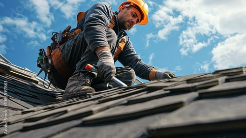 A Male roof installer wearing a hard hat is working on the roof.